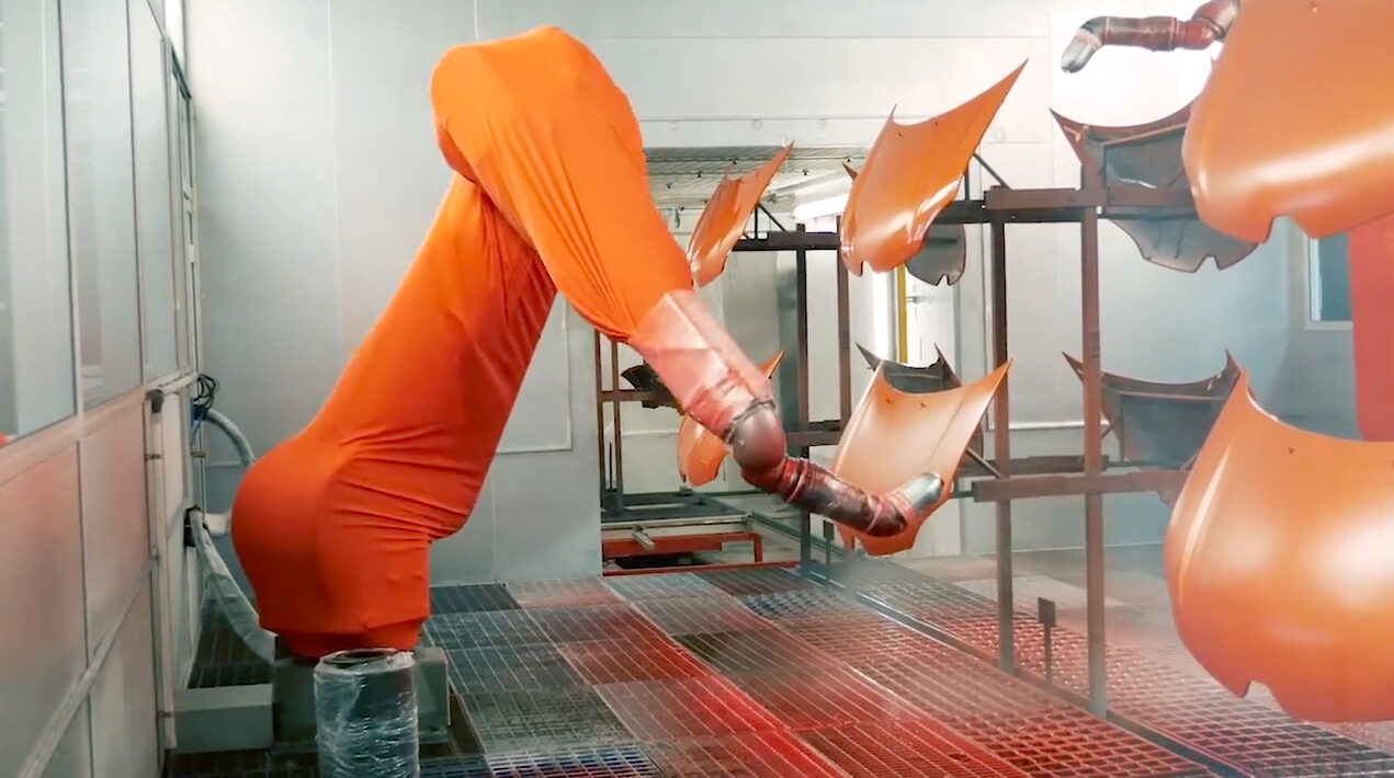 A spray painting robot in a botprotek robot cover