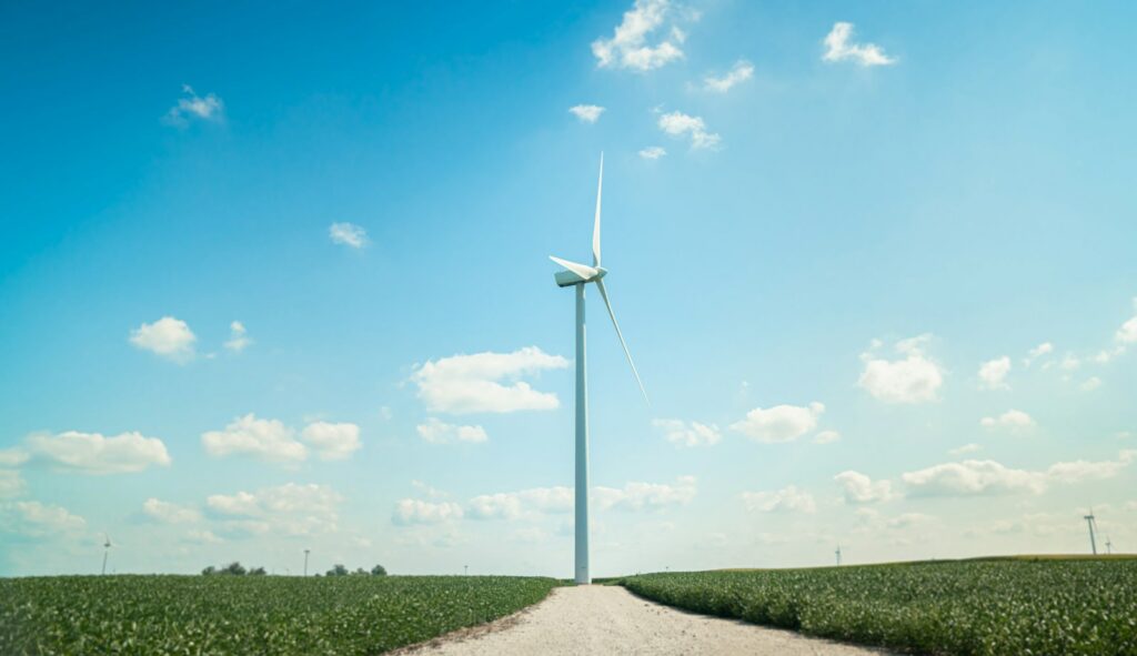 a wind turbine in the middle of a wheat field